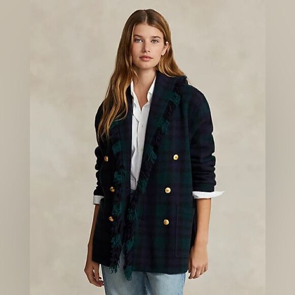 Polo Ralph Lauren Sweaters - Polo Ralph Lauren Fringed Black Watch Tartan Plaid Double-Breasted Wool Cardigan